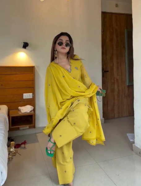 Intricate Yellow Satin Mul Chandheri Farshi Palazzo Suit with Dupatta For Women Ready To Wear Collection