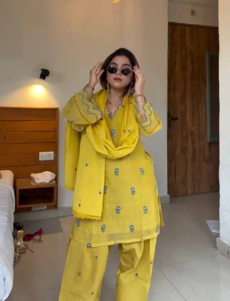 Intricate Yellow Satin Mul Chandheri Farshi Palazzo Suit with Dupatta For Women Ready To Wear Collection