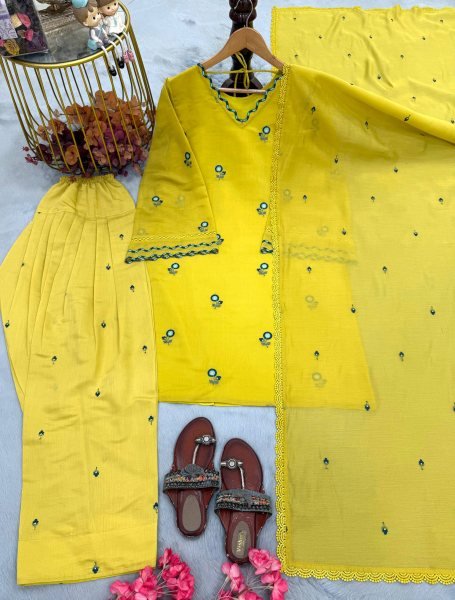 Intricate Yellow Satin Mul Chandheri Farshi Palazzo Suit with Dupatta For Women Ready To Wear Collection