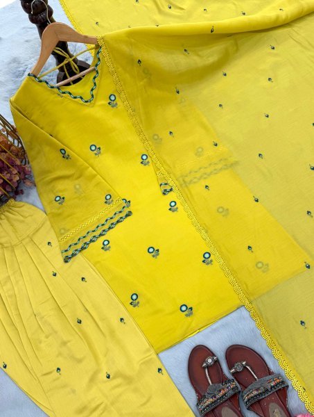 Intricate Yellow Satin Mul Chandheri Farshi Palazzo Suit with Dupatta For Women Ready To Wear Collection