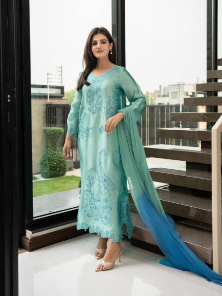 Intuitive Aqva Blue Rayon Kurta Set With Thread Work And Shaded Mull Cotton Dupatta For Boutique Price 