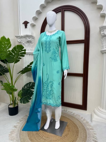Intuitive Aqva Blue Rayon Kurta Set With Thread Work And Shaded Mull Cotton Dupatta For Boutique Price Ready To Wear Collection