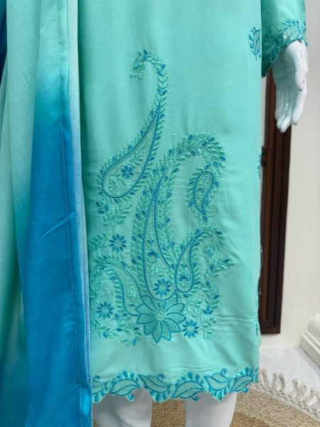 Intuitive Aqva Blue Rayon Kurta Set With Thread Work And Shaded Mull Cotton Dupatta For Boutique Price Ready To Wear Collection