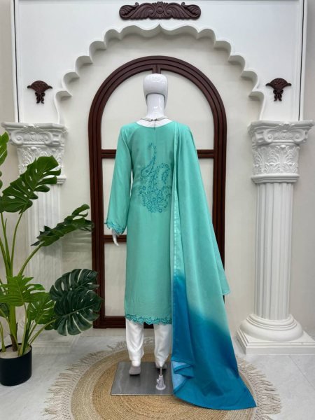 Intuitive Aqva Blue Rayon Kurta Set With Thread Work And Shaded Mull Cotton Dupatta For Boutique Price Ready To Wear Collection