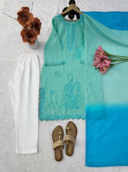 Intuitive Aqva Blue Rayon Kurta Set With Thread Work And Shaded Mull Cotton Dupatta For Boutique Price Ready To Wear Collection