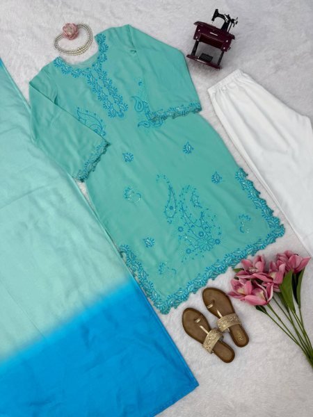 Intuitive Aqva Blue Rayon Kurta Set With Thread Work And Shaded Mull Cotton Dupatta For Boutique Price Ready To Wear Collection