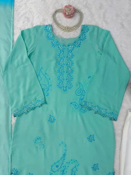 Intuitive Aqva Blue Rayon Kurta Set With Thread Work And Shaded Mull Cotton Dupatta For Boutique Price Ready To Wear Collection