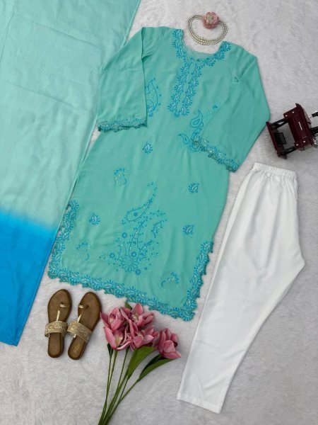 Intuitive Aqva Blue Rayon Kurta Set With Thread Work And Shaded Mull Cotton Dupatta For Boutique Price Ready To Wear Collection