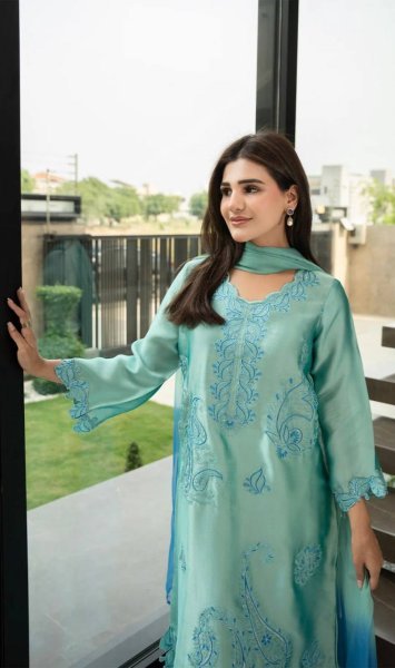 Intuitive Aqva Blue Rayon Kurta Set With Thread Work And Shaded Mull Cotton Dupatta For Boutique Price Ready To Wear Collection