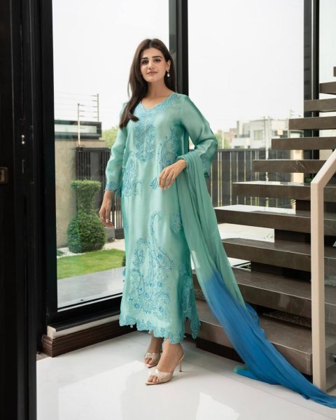 Intuitive Aqva Blue Rayon Kurta Set With Thread Work And Shaded Mull Cotton Dupatta For Boutique Price Ready To Wear Collection