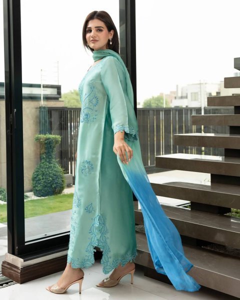 Intuitive Aqva Blue Rayon Kurta Set With Thread Work And Shaded Mull Cotton Dupatta For Boutique Price Ready To Wear Collection