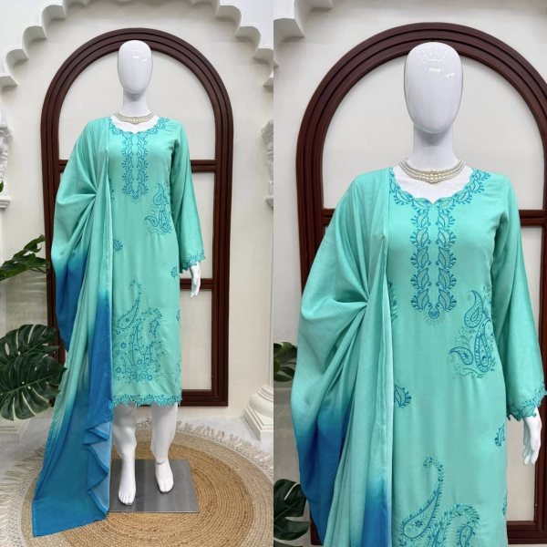 Intuitive Aqva Blue Rayon Kurta Set With Thread Work And Shaded Mull Cotton Dupatta For Boutique Price Ready To Wear Collection