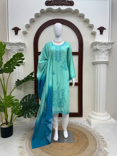 Intuitive Aqva Blue Rayon Kurta Set With Thread Work And Shaded Mull Cotton Dupatta For Boutique Price Ready To Wear Collection