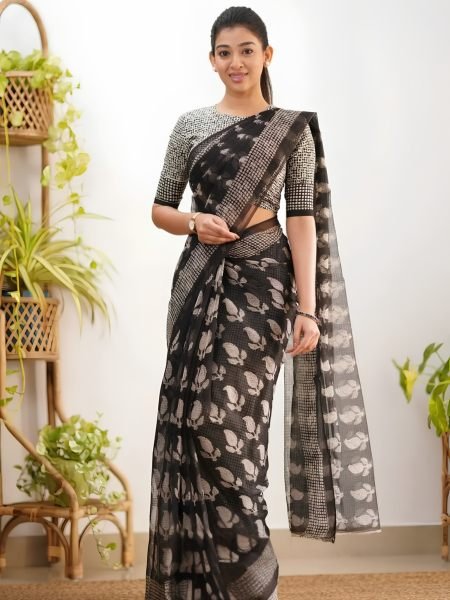 Intuitive Black Designer Cotton Kota Check Digital Print Saree with Rich Pallu  