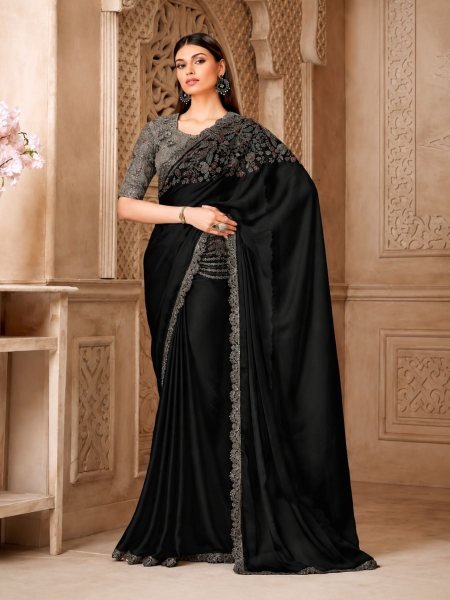 Intuitive Black Designer Fiona Satin Saree with Elegant Draping and Soft Fabric Feel Sarees 