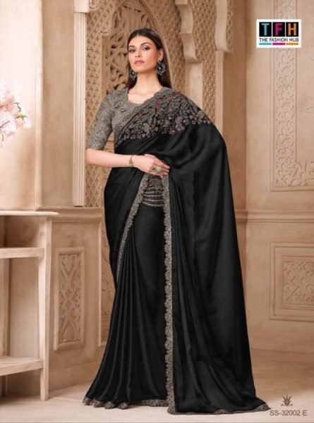 Intuitive Black Designer Fiona Satin Saree with Elegant Draping and Soft Fabric Feel Silk Sarees Wholesale