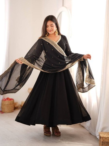 Intuitive Black Georgette Gown With Pany And Dupatta Using Sequence Work For Party Wear 