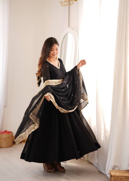 Intuitive Black Georgette Gown With Pany And Dupatta Using Sequence Work For Party Wear Ready To Wear Collection