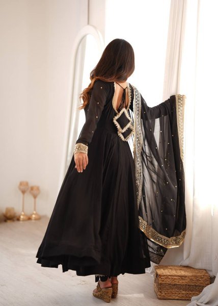 Intuitive Black Georgette Gown With Pany And Dupatta Using Sequence Work For Party Wear Ready To Wear Collection