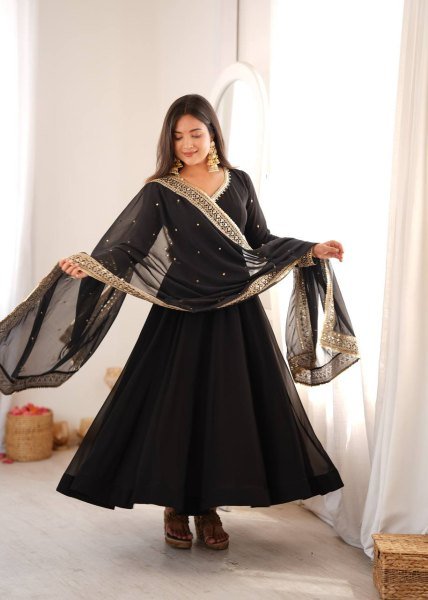 Intuitive Black Georgette Gown With Pany And Dupatta Using Sequence Work For Party Wear Ready To Wear Collection