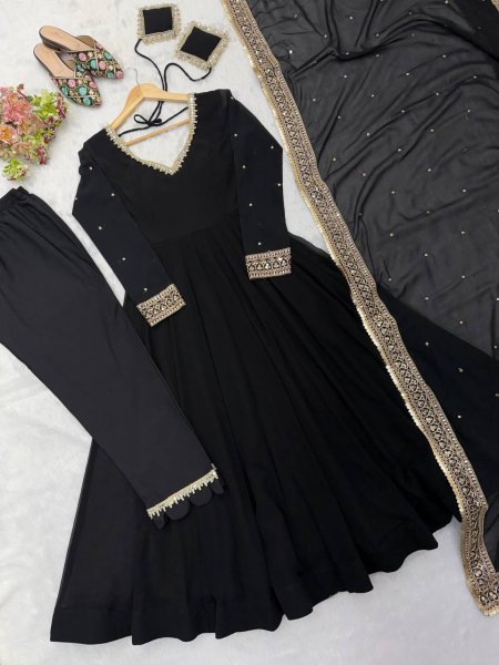 Intuitive Black Georgette Gown With Pany And Dupatta Using Sequence Work For Party Wear Ready To Wear Collection