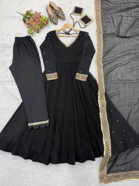 Intuitive Black Georgette Gown With Pany And Dupatta Using Sequence Work For Party Wear Ready To Wear Collection