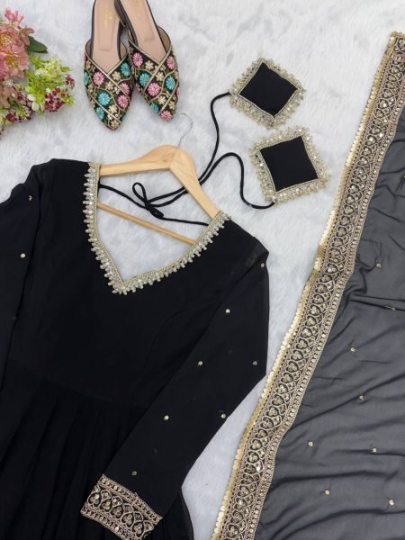 Intuitive Black Georgette Gown With Pany And Dupatta Using Sequence Work For Party Wear Ready To Wear Collection