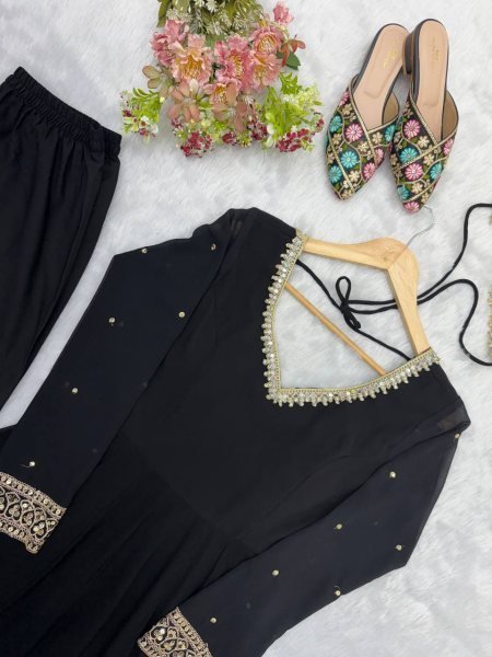 Intuitive Black Georgette Gown With Pany And Dupatta Using Sequence Work For Party Wear Ready To Wear Collection