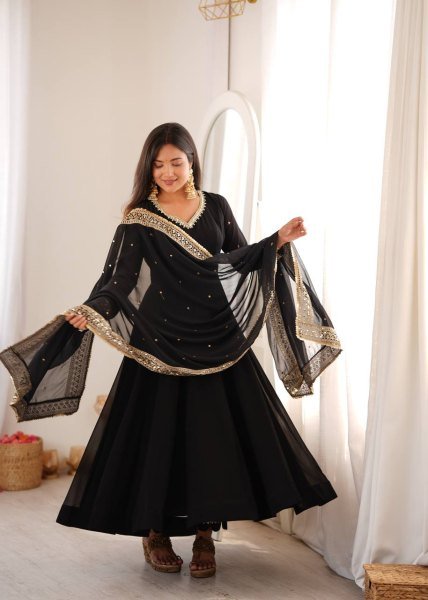 Intuitive Black Georgette Gown With Pany And Dupatta Using Sequence Work For Party Wear Ready To Wear Collection