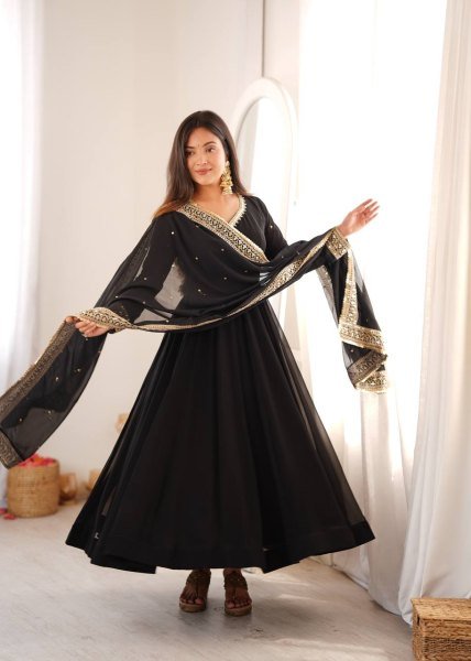 Intuitive Black Georgette Gown With Pany And Dupatta Using Sequence Work For Party Wear Ready To Wear Collection