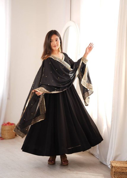 Intuitive Black Georgette Gown With Pany And Dupatta Using Sequence Work For Party Wear Ready To Wear Collection