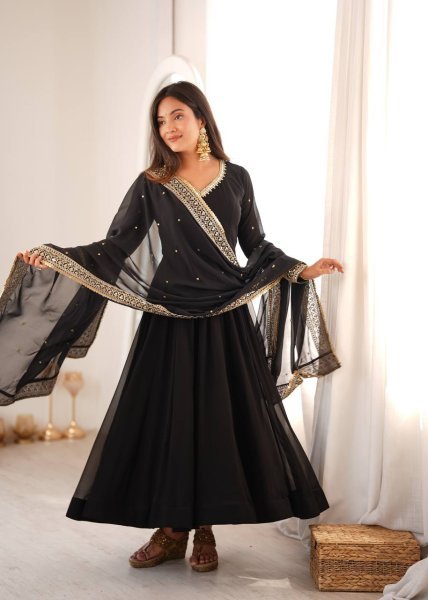 Intuitive Black Georgette Gown With Pany And Dupatta Using Sequence Work For Party Wear Ready To Wear Collection