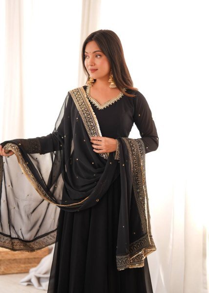 Intuitive Black Georgette Gown With Pany And Dupatta Using Sequence Work For Party Wear Ready To Wear Collection