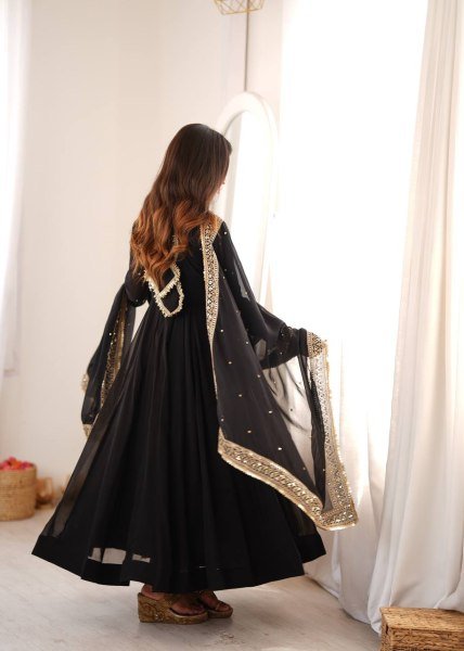 Intuitive Black Georgette Gown With Pany And Dupatta Using Sequence Work For Party Wear Ready To Wear Collection