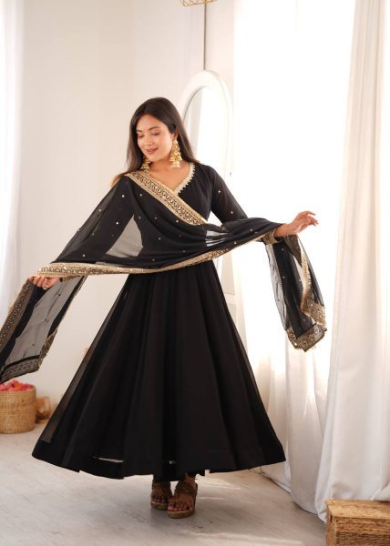 Intuitive Black Georgette Gown With Pany And Dupatta Using Sequence Work For Party Wear Ready To Wear Collection