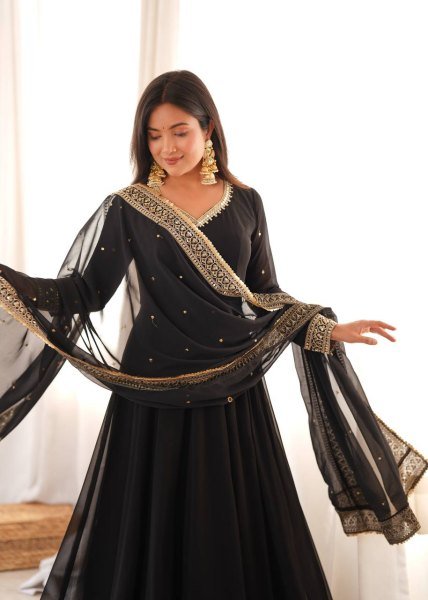 Intuitive Black Georgette Gown With Pany And Dupatta Using Sequence Work For Party Wear Ready To Wear Collection