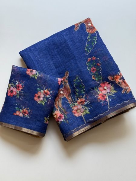 Intuitive Blue Premium Cotton Linen Saree with Fancy Latkan Detailing at Manufacturer Rate Printed Cotton Sarees Wholesale