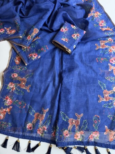 Intuitive Blue Premium Cotton Linen Saree with Fancy Latkan Detailing at Manufacturer Rate Printed Cotton Sarees Wholesale
