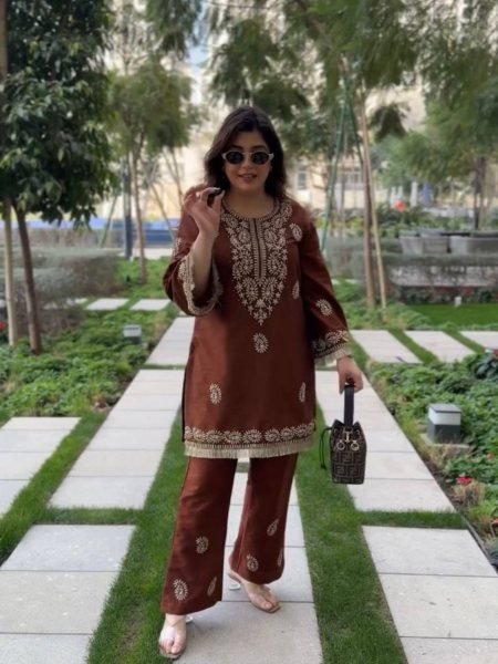 Intuitive Brown Slub Rayon Kurti with Bell Bottom for Stylish Ethnic Wear Kurtis