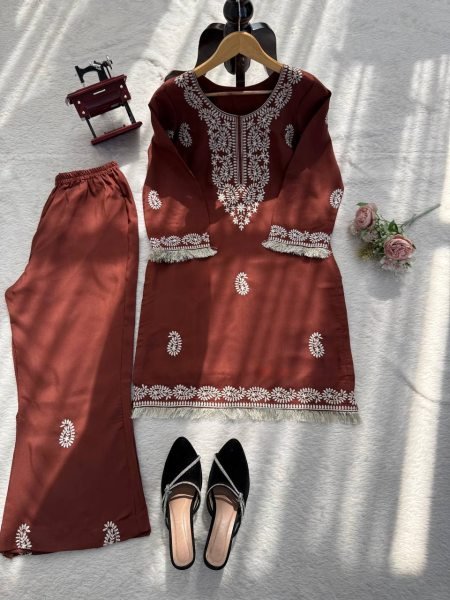 Intuitive Brown Slub Rayon Kurti with Bell Bottom for Stylish Ethnic Wear CO ORD Sets