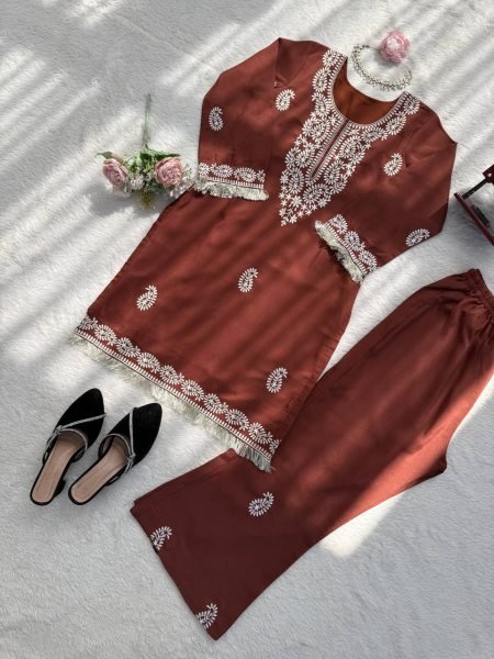 Intuitive Brown Slub Rayon Kurti with Bell Bottom for Stylish Ethnic Wear CO ORD Sets