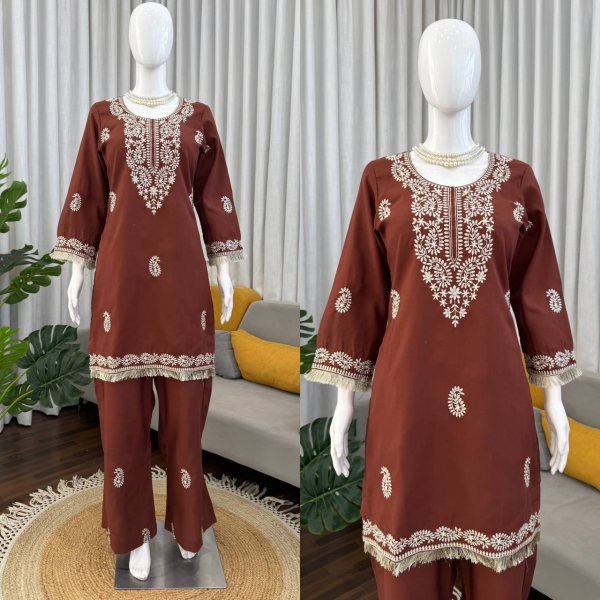 Intuitive Brown Slub Rayon Kurti with Bell Bottom for Stylish Ethnic Wear CO ORD Sets
