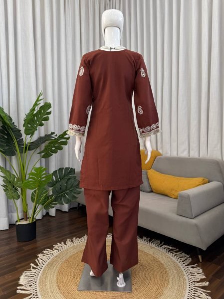 Intuitive Brown Slub Rayon Kurti with Bell Bottom for Stylish Ethnic Wear CO ORD Sets