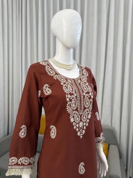 Intuitive Brown Slub Rayon Kurti with Bell Bottom for Stylish Ethnic Wear CO ORD Sets