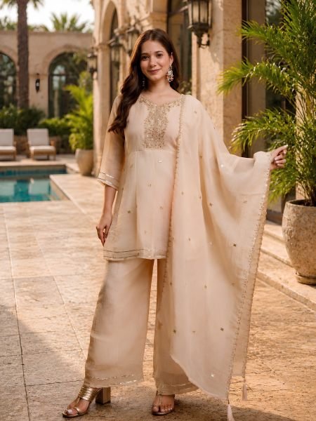 Intuitive Cream Crunchy Embroidered Kurti Palazzo Dupatta Set for Festival Kurtis