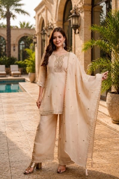 Intuitive Cream Crunchy Embroidered Kurti Palazzo Dupatta Set for Festival 3 Piece Kurti Set