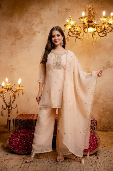 Intuitive Cream Crunchy Embroidered Kurti Palazzo Dupatta Set for Festival 3 Piece Kurti Set