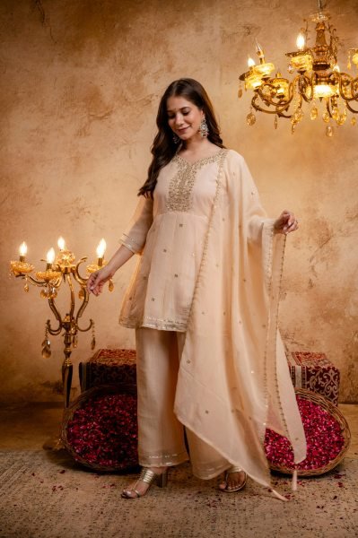 Intuitive Cream Crunchy Embroidered Kurti Palazzo Dupatta Set for Festival 3 Piece Kurti Set