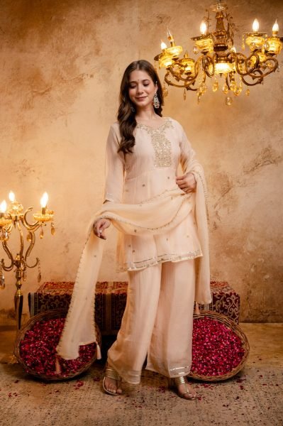 Intuitive Cream Crunchy Embroidered Kurti Palazzo Dupatta Set for Festival 3 Piece Kurti Set