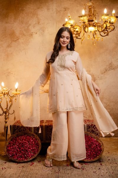 Intuitive Cream Crunchy Embroidered Kurti Palazzo Dupatta Set for Festival 3 Piece Kurti Set